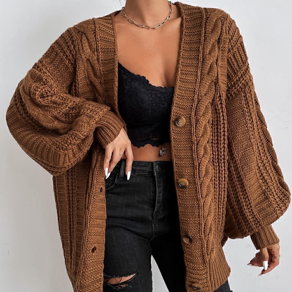Brown Casual Womens Bishop Sleeve Button Up Cardigan